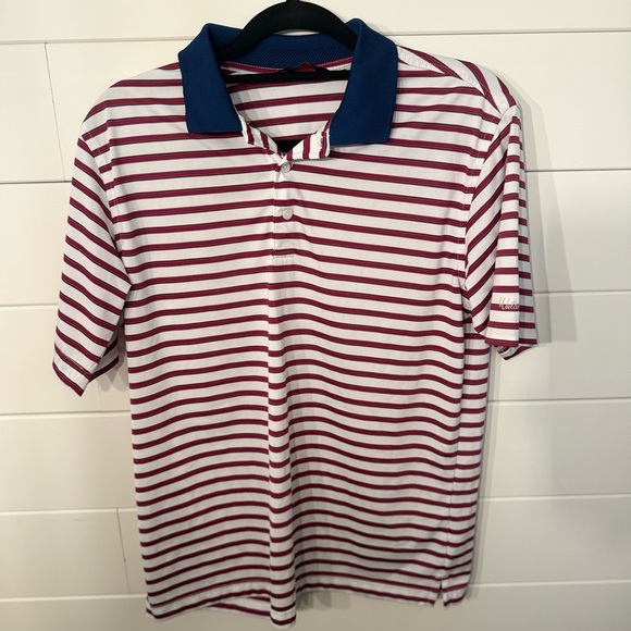 Walter Hagen Men's Polo Shirt - Red and White Stripes with Blue Collar - Picture 1 of 3